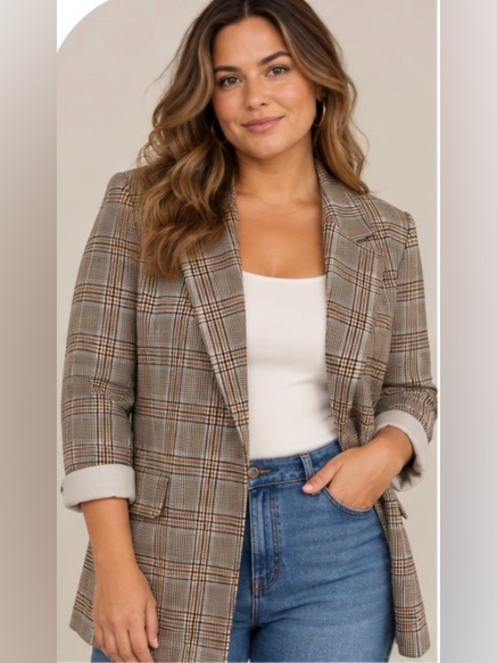 Liverpool Plaid Blazer in Brown and Cream